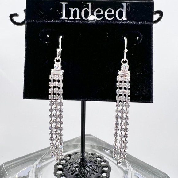 NWT - Indeed - Clear Rhinestone 3 Strand Dangle Silver Tone Fishhook Earrings - Picture 9 of 9
